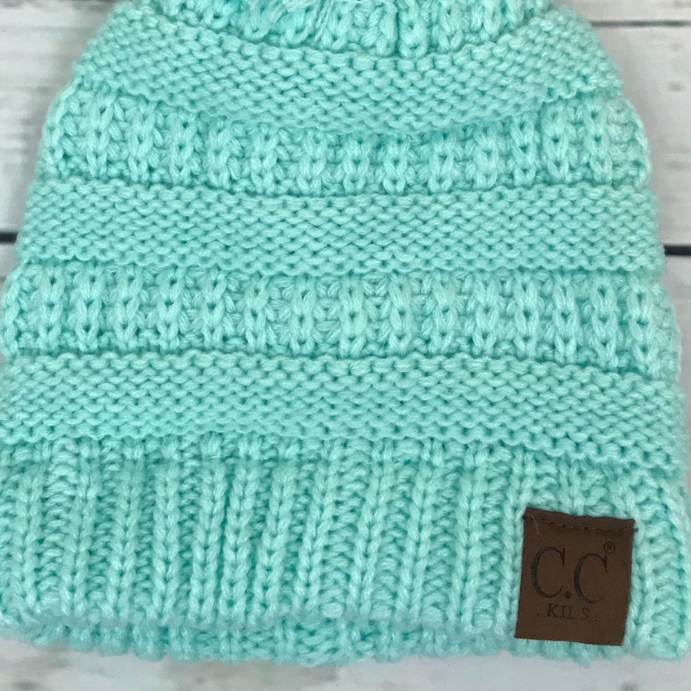 Kids Mint Green Cable Knit Pom Pom Beanie - Picture 4 of 5